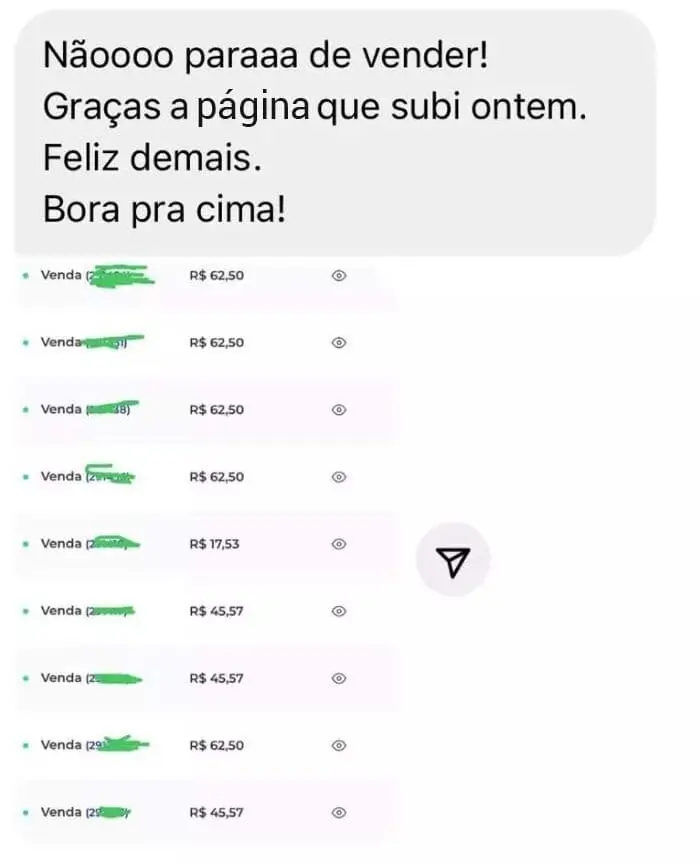 Captura de tela de mensagem de aluno relatando sucesso nas vendas